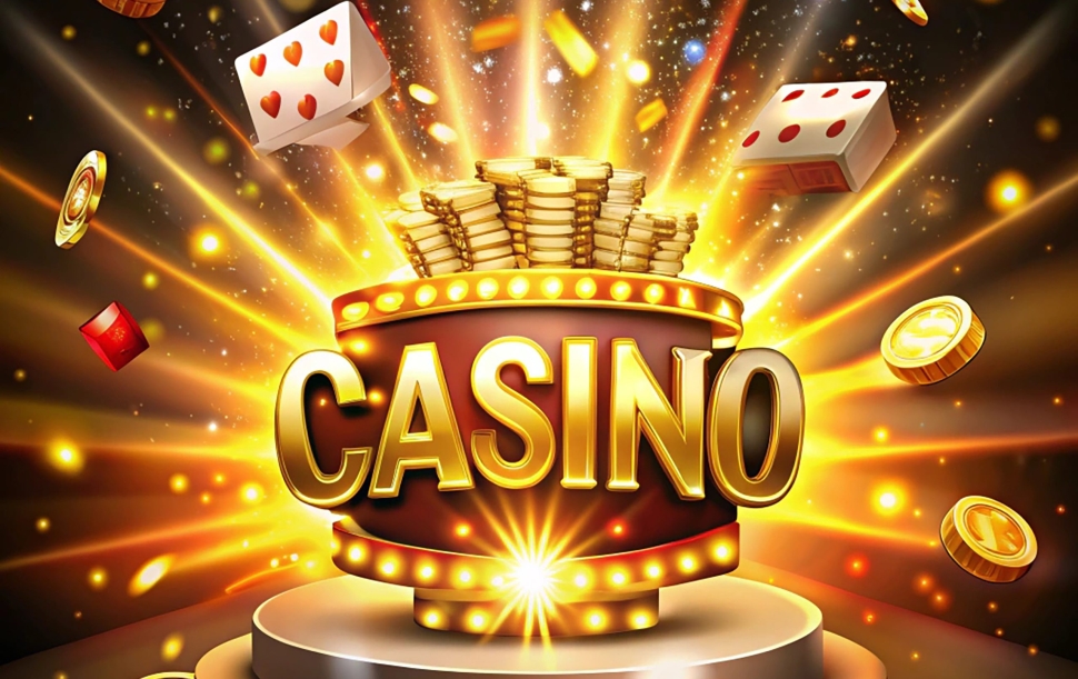 The word Casino, surrounded by a luminous frame and attributes of gambling