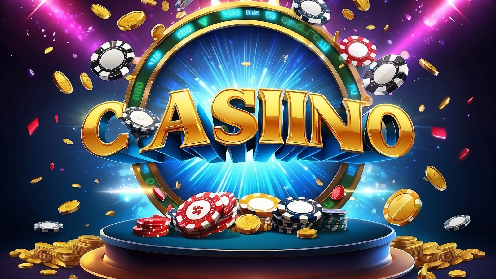 The word Casino, surrounded by a luminous frame and attributes of gambling, on the podium