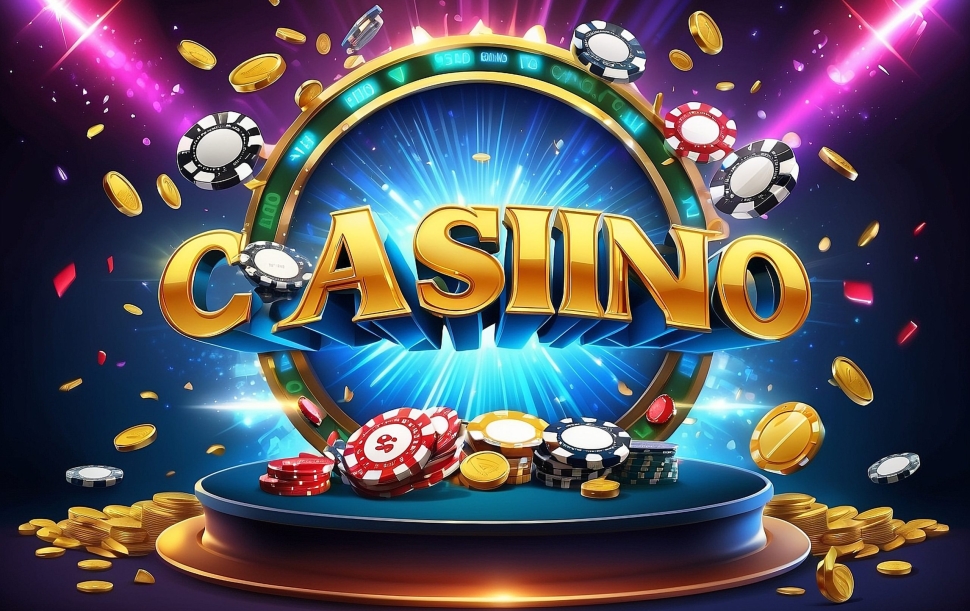 The word Casino, surrounded by a luminous frame and attributes of gambling, on the podium